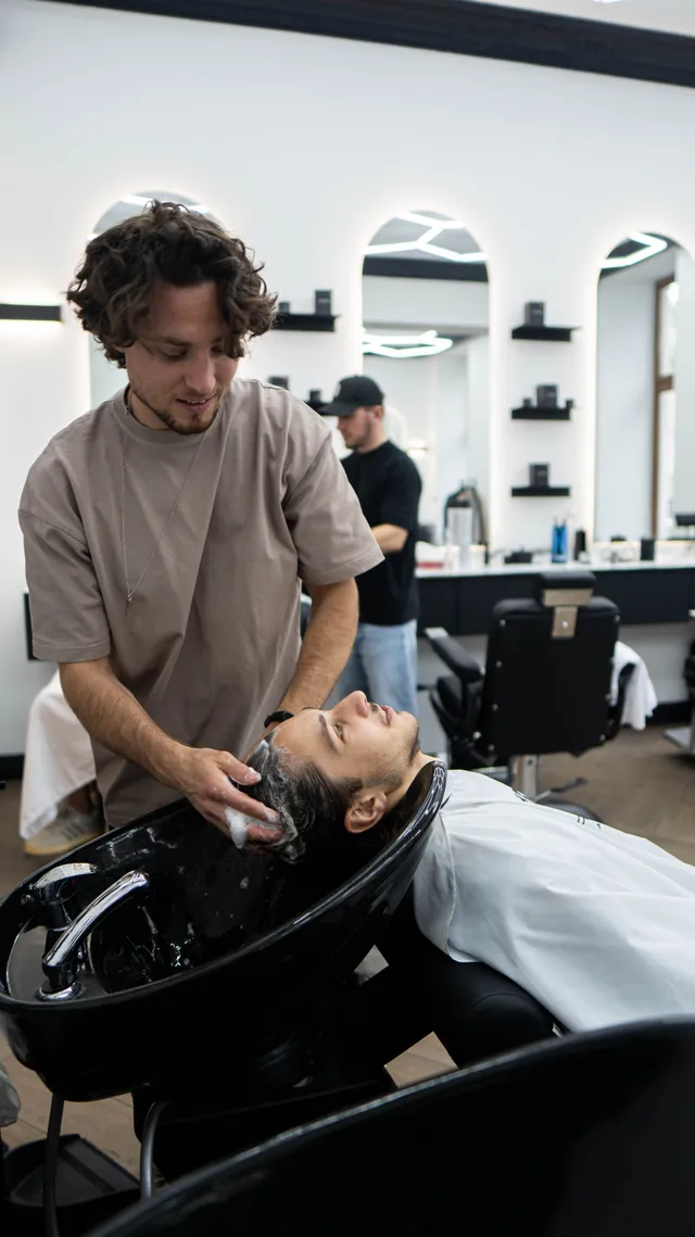 A barber washing a client’s hair at a salon basin.